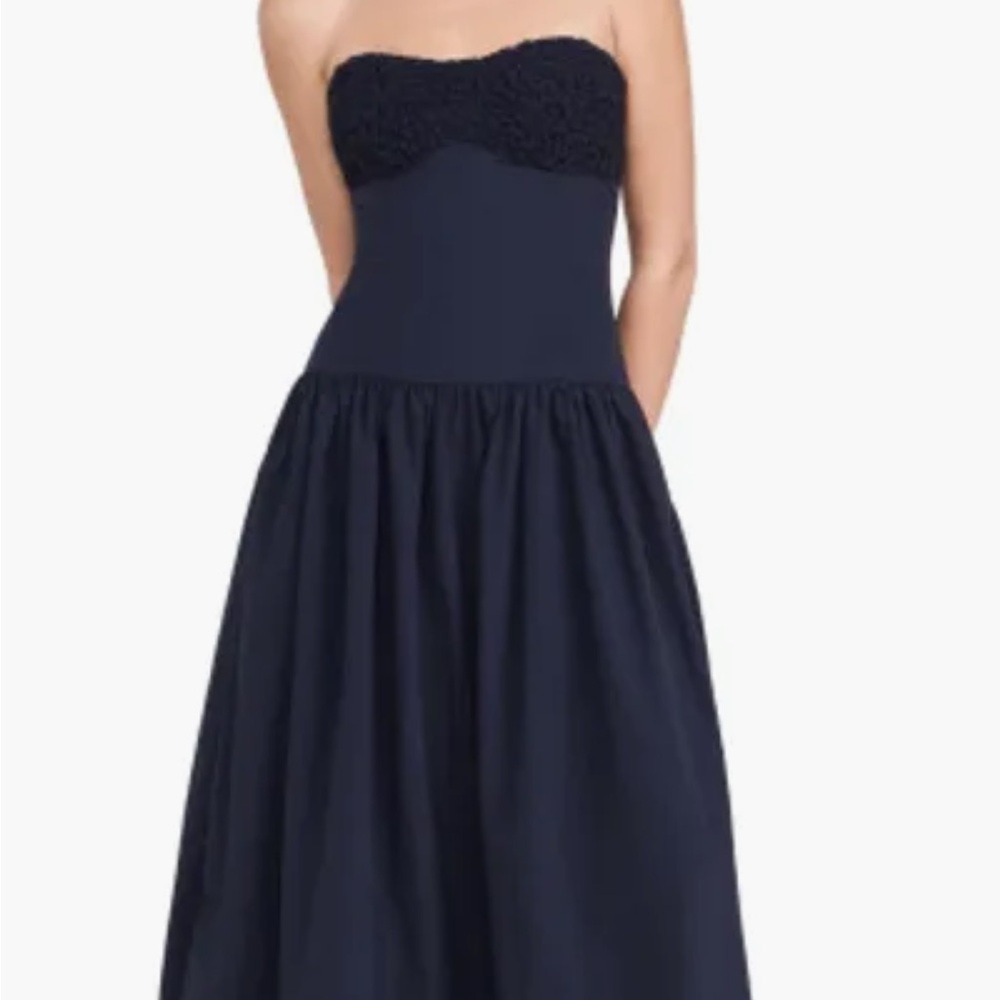 MOON RIVER Women's Navy Removable Spaghetti Strap Drop Waist Shirred Midi Dress